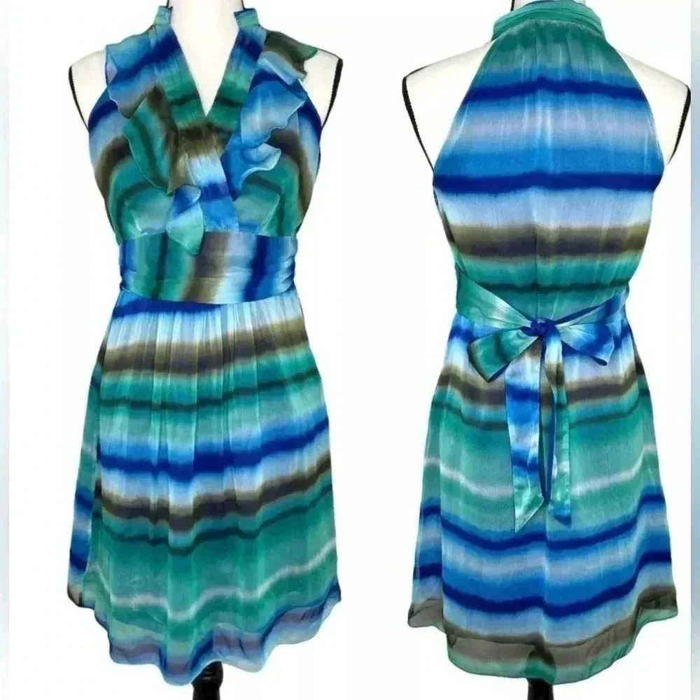 VTG 1990s The Limited Blue Green Mandarin V-Neck Sheath Dress Women's Size 4